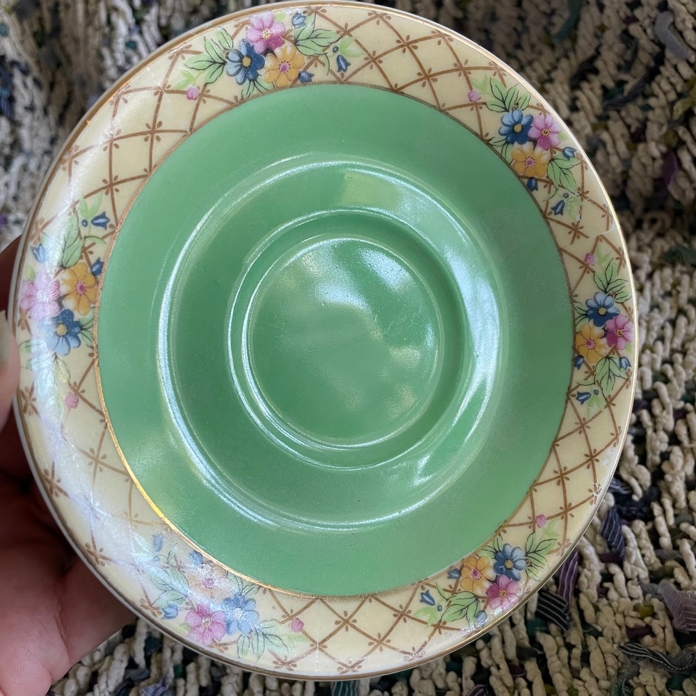 Vintage N&C Japan Green Floral Trellis Porcelain Teacup and Saucer Set - Picture 6 of 11